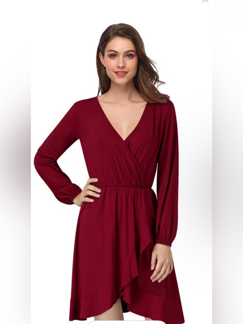 Leadingstar Women's V-Neck Long Sleeve Wrap Dress in Burgundy